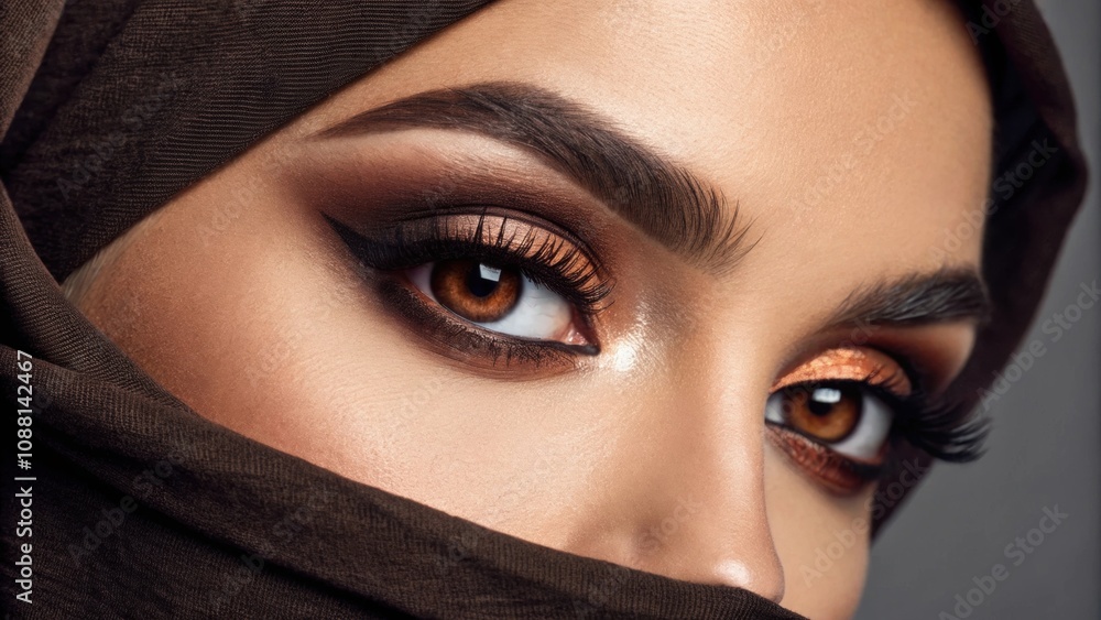 This closeup showcases rich brown eyes that convey emotion and strength. The eyes are accentuated with dramatic eyeliner and a hint of copper eyeshadow all set against a calm slate This closeup showcases rich brown eyes that convey emotion and strength. The eyes are accentuated with dramatic eyeliner and a hint of copper eyeshadow all set against a calm slate
