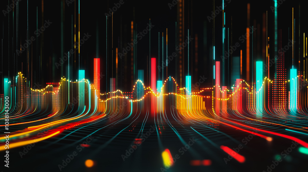 Abstract black background with 3D Colorful charts and graphs with statistics to innovative analyze business potential and forecast future development of companies growth. Abstract black background with 3D Colorful charts and graphs with statistics to innovative analyze business potential and forecast future development of companies growth.