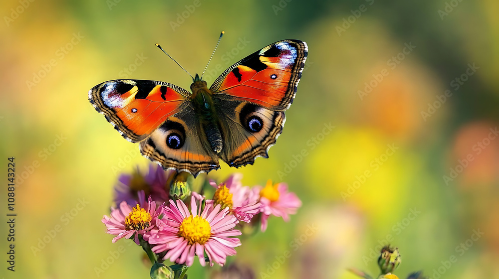 A butterfly perched on a vibrant flower in a meadow during summer A butterfly perched on a vibrant flower in a meadow during summer