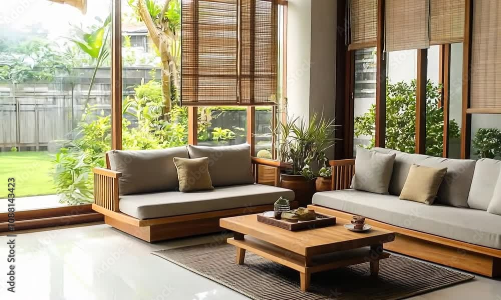 Modern Serene Living Room with Wooden Furniture and FloortoCeiling Windows : Generative AI Modern Serene Living Room with Wooden Furniture and FloortoCeiling Windows : Generative AI