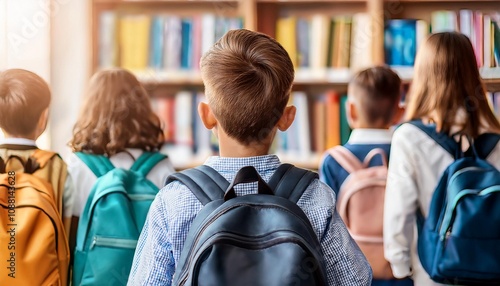 Back View of Brunette Boy with Friends Using a Backpack Going to Library. Back to School Consept.