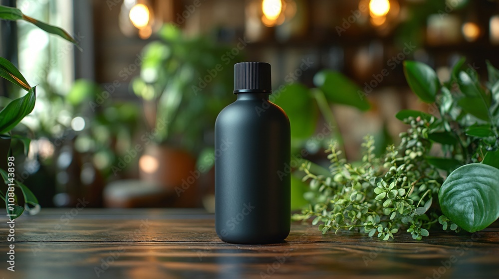 Matte Black Bottle with Nature Background Matte Black Bottle with Nature Background