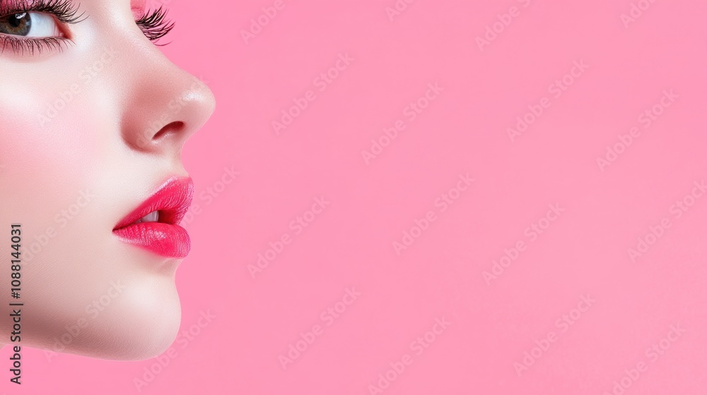 Close-up of a woman's profile against a pink background. Close-up of a woman's profile against a pink background.