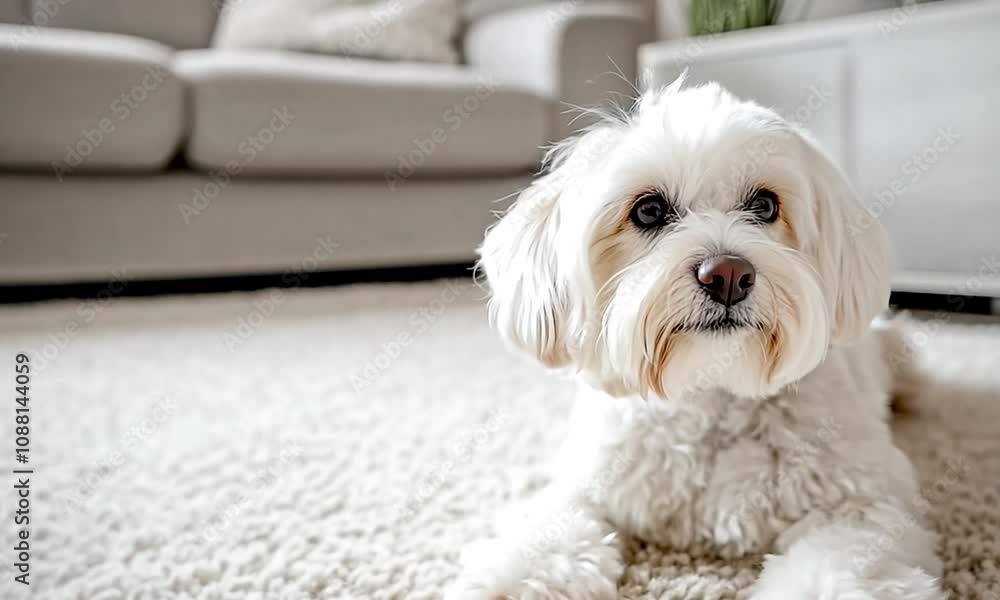 Cute White Fluffy Dog Relaxing on Soft Carpet in Cozy Living Room Interior Design : Generative AI Cute White Fluffy Dog Relaxing on Soft Carpet in Cozy Living Room Interior Design : Generative AI