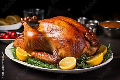 A beautifully roasted turkey is presented on a platter, surrounded by fresh herbs and lemon slices. The setting suggests a celebration, perfect for a holiday feast. photo