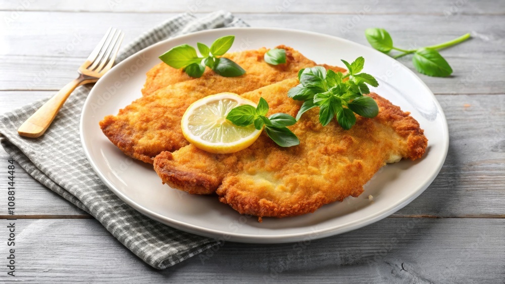 Homemade breaded chicken schnitzel on a white plate, chicken, schnitzel, breaded, homemade, crispy, golden, delicious Homemade breaded chicken schnitzel on a white plate, chicken, schnitzel, breaded, homemade, crispy, golden, delicious