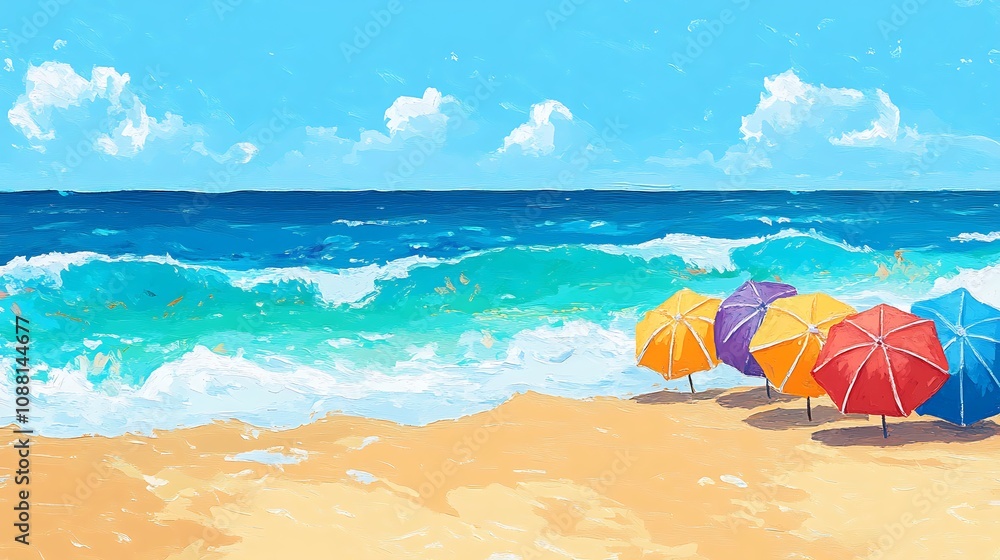 Obraz premium Vibrant beach scene with colorful umbrellas on sandy shore under a sunny sky and ocean waves.