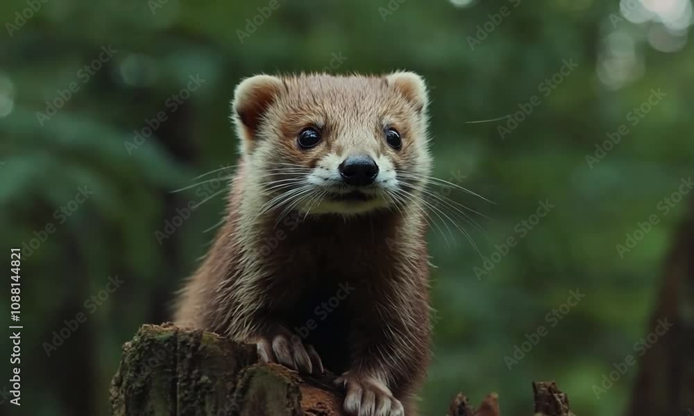 European Pine Marten Sitting on Forest Log with Lush Background : Generative AI European Pine Marten Sitting on Forest Log with Lush Background : Generative AI
