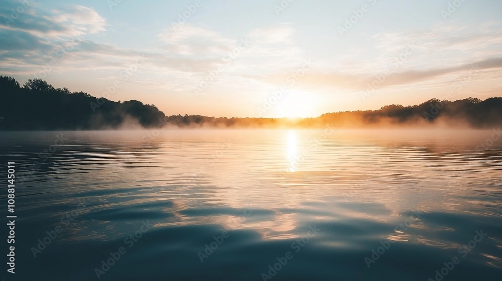 Serene Sunrise Over Foggy Lake with Tranquil Reflections and Gentle Hues, Emphasizing Nature's Calm Beauty in Early Morning Light Serene Sunrise Over Foggy Lake with Tranquil Reflections and Gentle Hues, Emphasizing Nature's Calm Beauty in Early Morning Light