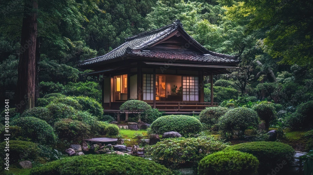 Serene Japanese Garden House at Dusk Serene Japanese Garden House at Dusk