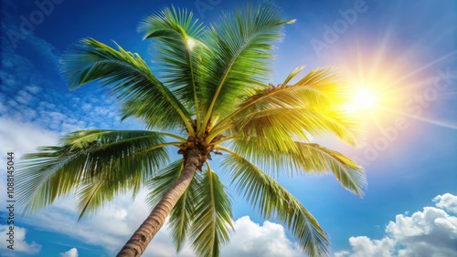 Wallpaper Mural Bottom palm coconut tree bathed in sunshine , tropical, summer, sunbeam, palm tree, paradise, nature, sky, foliage, coconut Torontodigital.ca