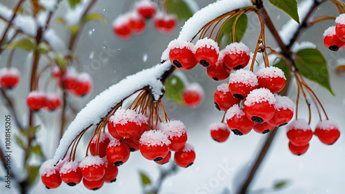 Bright red winterberries standing out against the snow in a winter garden, adding color to the cold landscape

