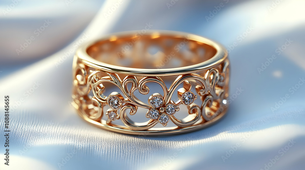 Elegant Gold Ring with Diamond Floral Design 3D Render Elegant Gold Ring with Diamond Floral Design 3D Render