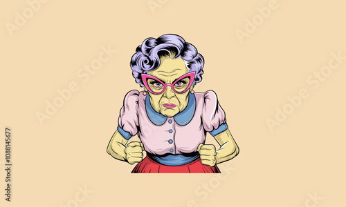 Angry elderly woman with purple hair and glasses