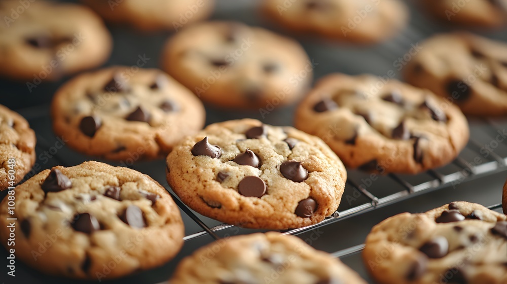 Freshly baked chocolate chip cookies cooling on a rack. Freshly baked chocolate chip cookies cooling on a rack.