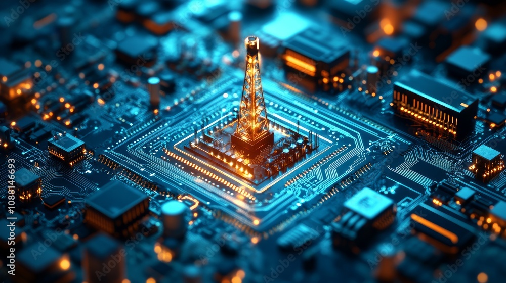 Oil rig model on a circuit board, representing energy and technology. Oil rig model on a circuit board, representing energy and technology.