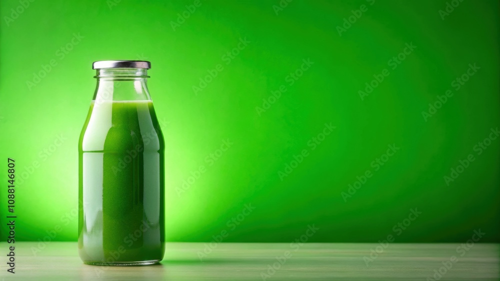 Bottle of green juice on a vibrant green background, healthy, organic, fresh, beverage, detox, nutrition, cleanse, liquid Bottle of green juice on a vibrant green background, healthy, organic, fresh, beverage, detox, nutrition, cleanse, liquid