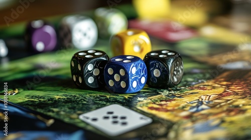 Detailed Close-Up of Dice and Playing Card - A High-Resolution Image Showcasing Intricate Patterns and Textures for a Classic Gaming Theme.