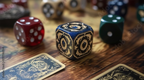 Detailed Close-Up of Dice and Playing Card - A High-Resolution Image Showcasing Intricate Patterns and Textures for a Classic Gaming Theme.