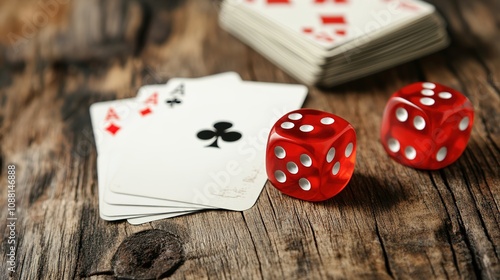 Detailed Close-Up of Dice and Playing Card - A High-Resolution Image Showcasing Intricate Patterns and Textures for a Classic Gaming Theme.