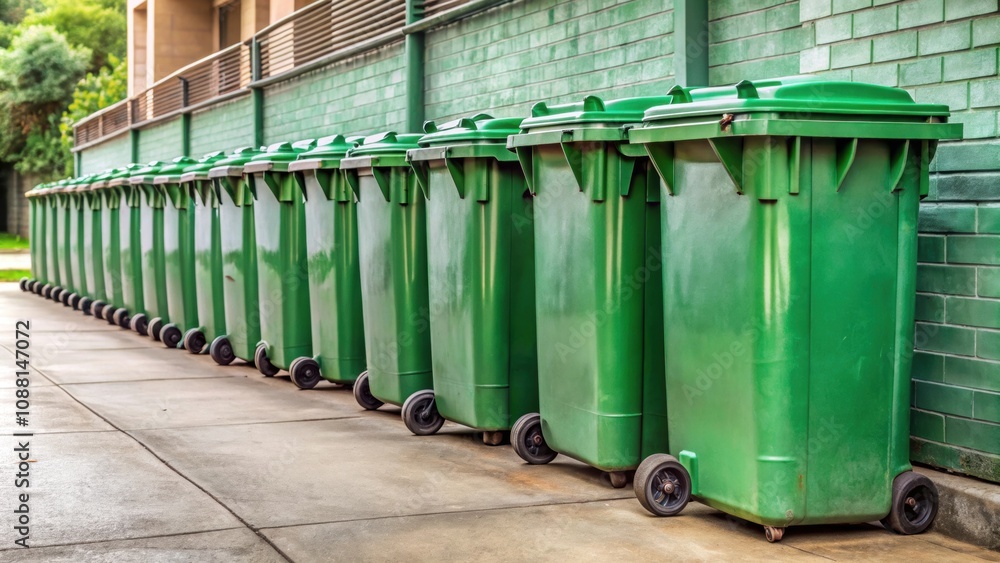 Row of green garbage cans for food waste containment and collection in designated area , recycling Row of green garbage cans for food waste containment and collection in designated area , recycling