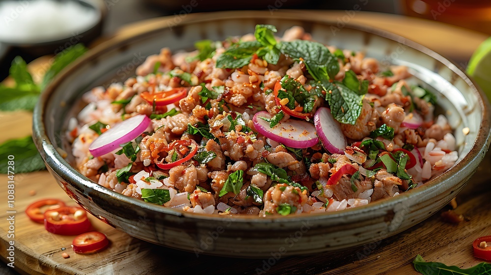 Close-up of a savory plate of larb with minced chicken, featuring toasted rice powder, fresh mint leaves, sliced shallots, and a zesty lime dressing, all set on a rustic wooden table in a cozy Close-up of a savory plate of larb with minced chicken, featuring toasted rice powder, fresh mint leaves, sliced shallots, and a zesty lime dressing, all set on a rustic wooden table in a cozy