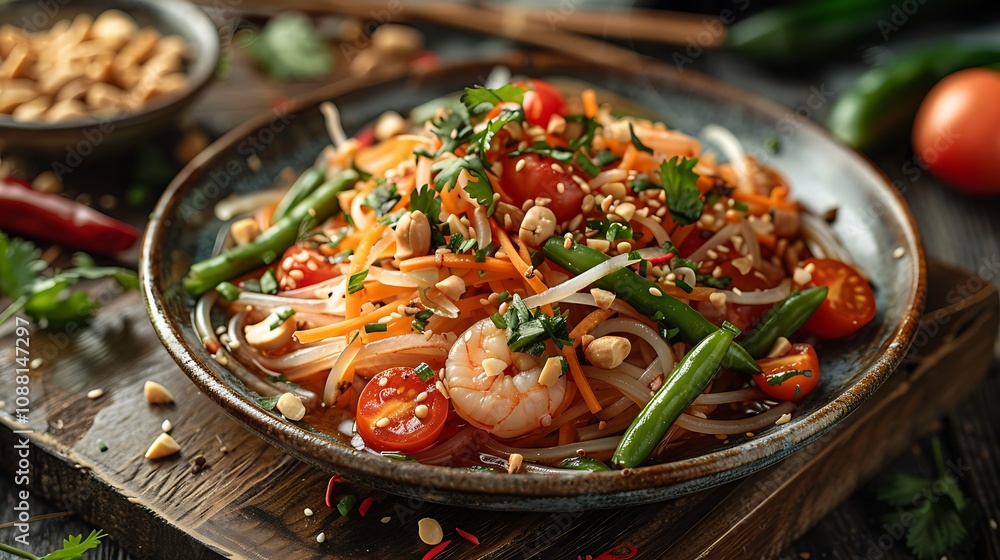 Close-up of a vibrant plate of som tam with shredded green papaya, featuring fresh tomatoes, long beans, dried shrimp, crushed peanuts, and a tangy lime dressing, all set on a rustic wooden Close-up of a vibrant plate of som tam with shredded green papaya, featuring fresh tomatoes, long beans, dried shrimp, crushed peanuts, and a tangy lime dressing, all set on a rustic wooden