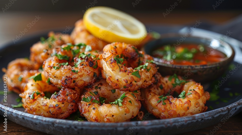 Spicy Fried Calamari Rings Appetizer with Lemon and Dipping Sauce on Grey Background Spicy Fried Calamari Rings Appetizer with Lemon and Dipping Sauce on Grey Background