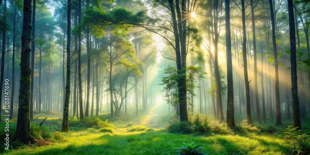 Serene morning in a misty forest , nature, trees, foggy, sunlight, peaceful, tranquil, fresh air, greenery, wildlife, tranquility Serene morning in a misty forest , nature, trees, foggy, sunlight, peaceful, tranquil, fresh air, greenery, wildlife, tranquility