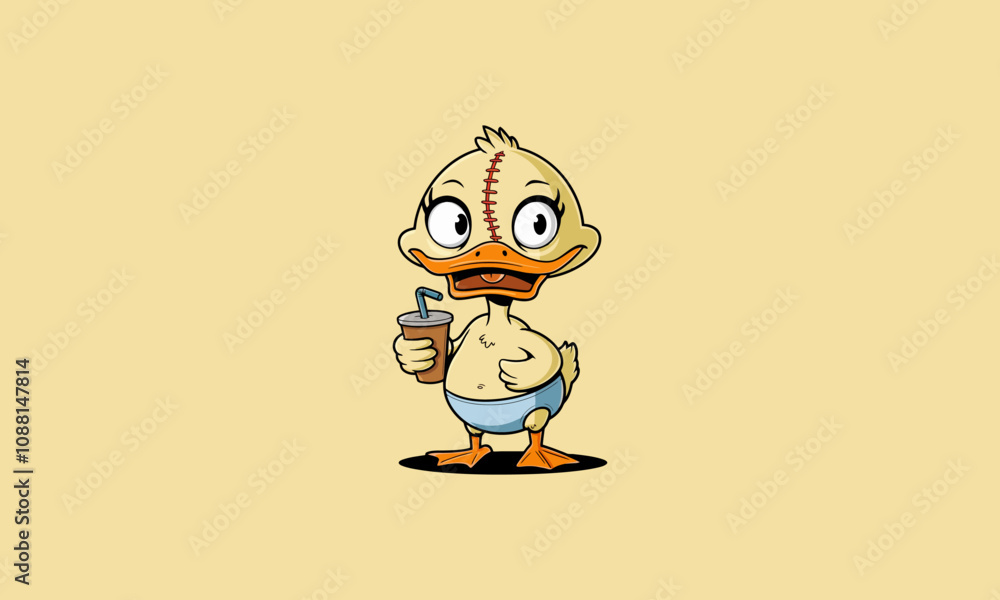 Fototapeta premium Funny cartoon duck with a drink and a stitched head