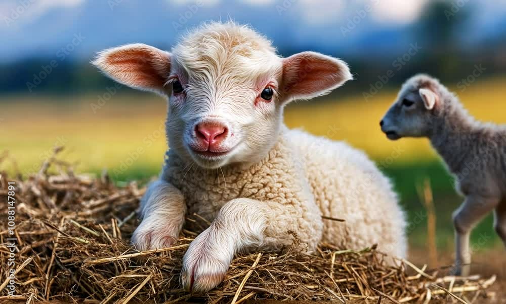 Sweet Young Lamb Nestled in Hay with Scenic Natural Background : Generative AI Sweet Young Lamb Nestled in Hay with Scenic Natural Background : Generative AI