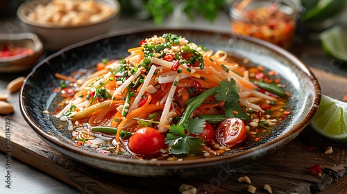 Close-up of a vibrant plate of som tam with shredded green papaya, featuring fresh tomatoes, long beans, dried shrimp, crushed peanuts, and a tangy lime dressing, all set on a rustic wooden 