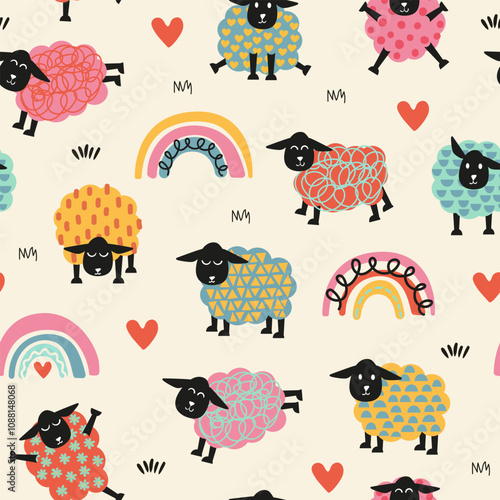 Cute colorful sheep seamless pattern. Sheep with rainbows and hearts. 