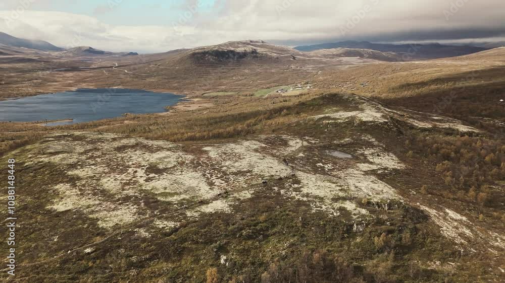 Majestic Norway landscape and group of people horseback riding into adventure, aerial view Majestic Norway landscape and group of people horseback riding into adventure, aerial view