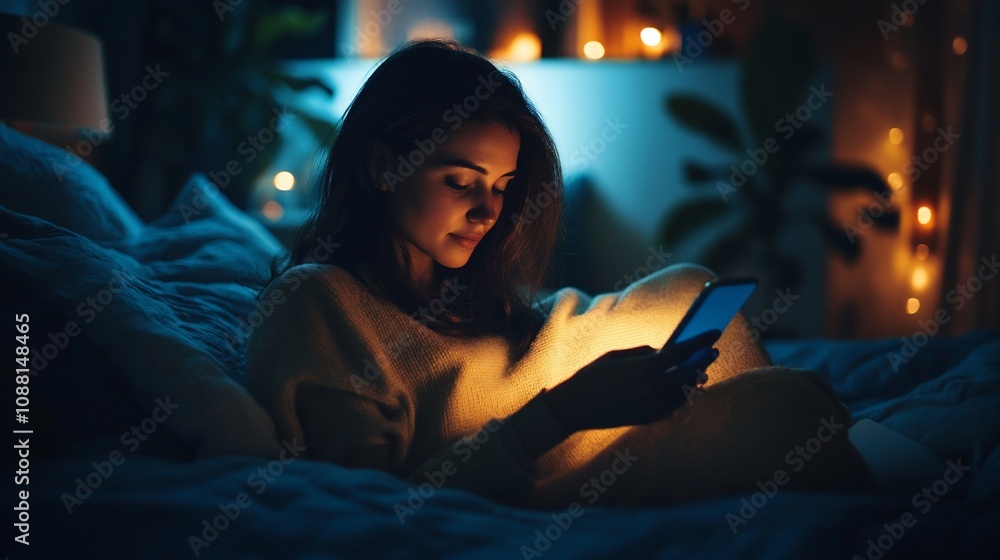 Woman relaxing in bed at night, using smartphone.