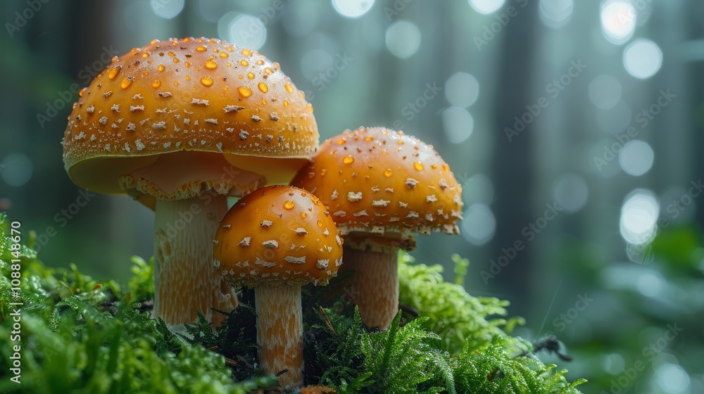 Obraz premium Three Vibrant Orange Mushrooms, Amanita Muscaria, Growing on Moss in a Forest Setting
