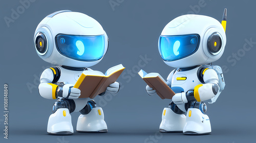 Cute robot toy holding a book. Playful Toy Robots. Illustration