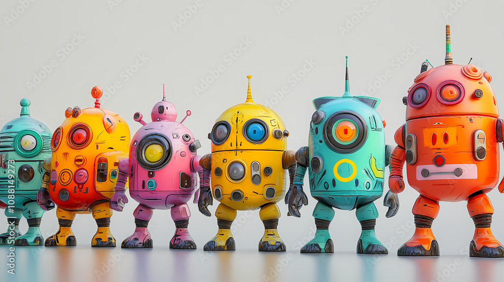 Colorful toy robots lined up, showcasing playful design and charm. Playful Toy Robots. Illustration Colorful toy robots lined up, showcasing playful design and charm. Playful Toy Robots. Illustration