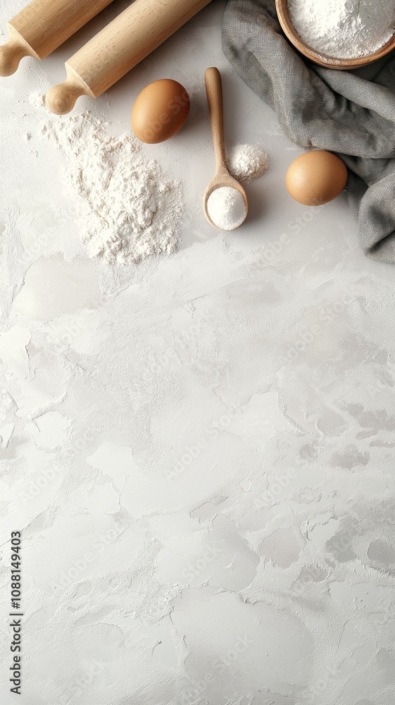 Light and Airy Baking Scene with Ingredients on a Soft White Stone Background Featuring Flour, Eggs, and Wooden Utensils for Culinary Inspiration Light and Airy Baking Scene with Ingredients on a Soft White Stone Background Featuring Flour, Eggs, and Wooden Utensils for Culinary Inspiration