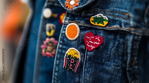 Close-up of denim jacket adorned with colorful embroidered patches and pins.