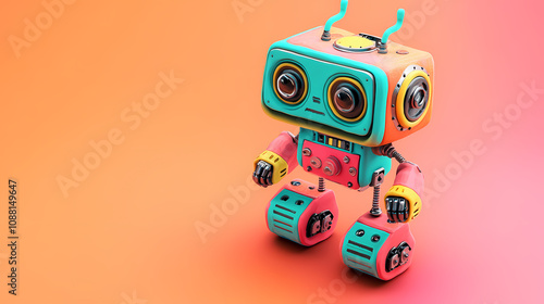 Charming clay wind-up robot, a delightful isometric view of a whimsical robot toy made from clay, showcasing intricate details and vibrant colors. Playful Toy Robots. Illustration