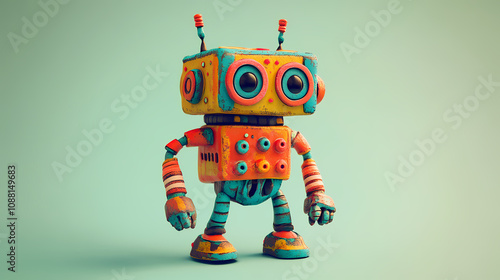 Charming clay wind-up robot, a delightful isometric view of a whimsical robot toy made from clay, showcasing intricate details and vibrant colors. Playful Toy Robots. Illustration