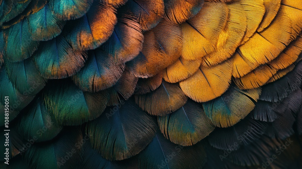 Fototapeta premium A Tapestry of Teal, Gold, and Bronze: Exquisite Bird Feathers