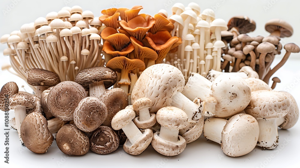 A beautiful photo of an assortment of mushrooms, including shiitake and button mushrooms A beautiful photo of an assortment of mushrooms, including shiitake and button mushrooms