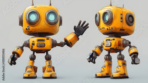 A cheerful yellow robot waving, showcasing a playful design. Playful Toy Robots. Illustration