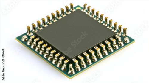 Close-up of semiconductor chip with detailed electronic components and circuits on clean white background, ideal for tech and engineering projects photo