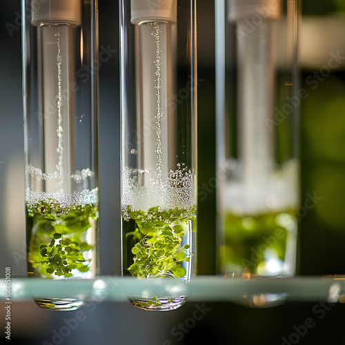 Three clear test tubes. Small, green plants are submerged in liquid, and there's a foamy substance on top. photo