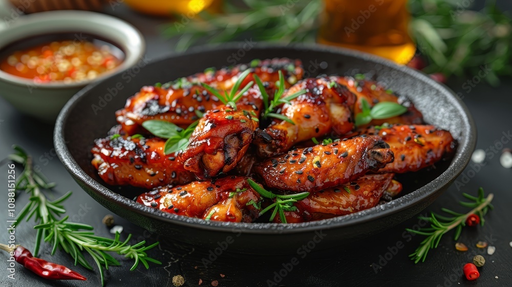 Fototapeta premium Close-up of Delicious Grilled Chicken Wings with Herbs and Spices, Restaurant Food Photography