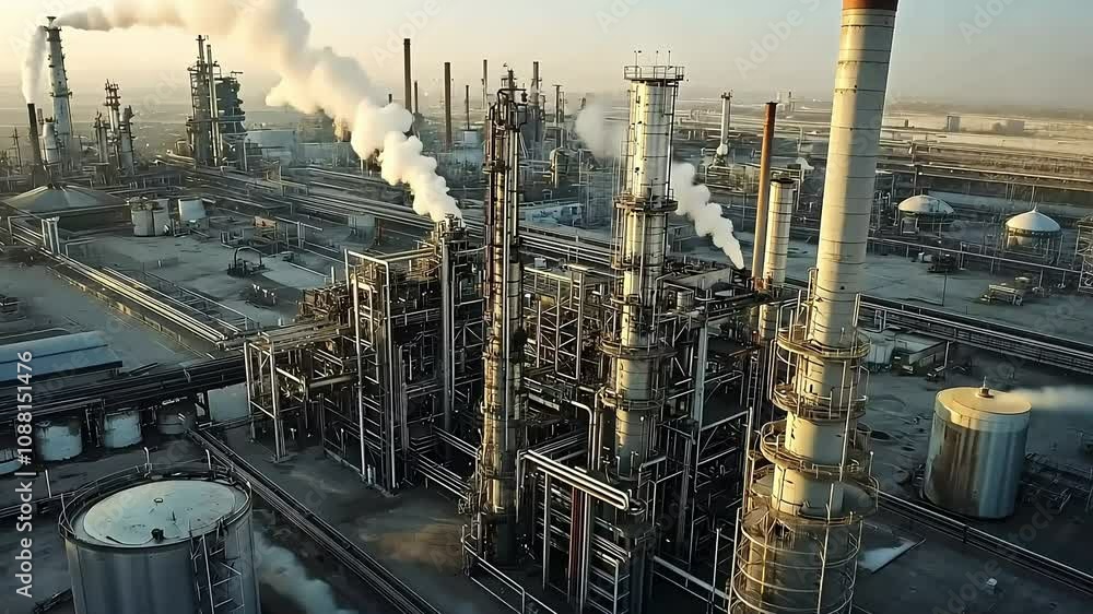 Aerial view of an industrial complex with towering smokestacks and pipes, releasing steam and smoke, highlighting the scale of manufacturing and energy production. Aerial view of an industrial complex with towering smokestacks and pipes, releasing steam and smoke, highlighting the scale of manufacturing and energy production.