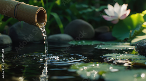 bamboo spout pours water into serene pond surrounded by lotus flowers and smooth stones, creating tranquil atmosphere